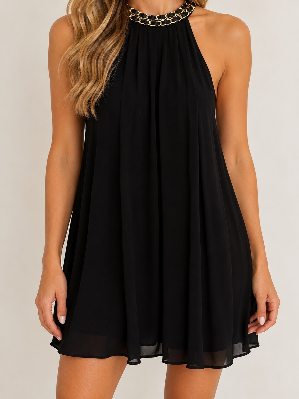 Lori M Collection Black & Gold Chain Halter Dress